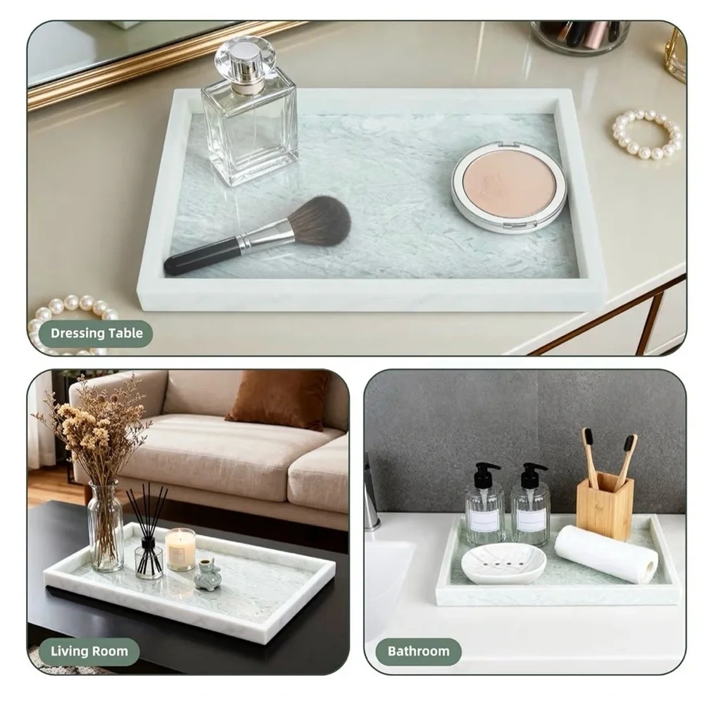 Natural Marble Vanity Tray, Luxury Stone with Light Green Textures Serving Tray